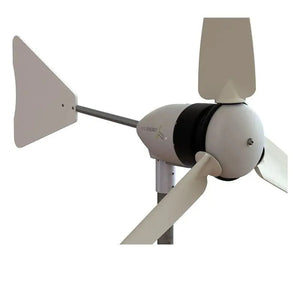 White and beige 1kW wind turbine with three blades, black motor housing, mounting pole, and directional vane assembly, produc