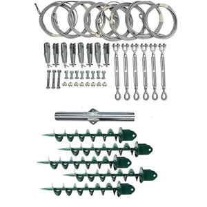 Wind turbine tower kit components laid out flat including steel cables, wire connectors, turnbuckles, mounting bolts, a horiz