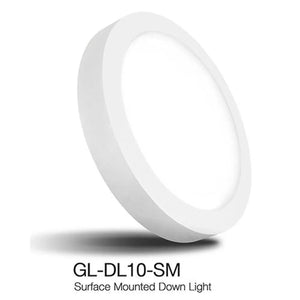 White circular LED surface mounted down light tilted at an angle, showing model number GL-DL10-SM below.