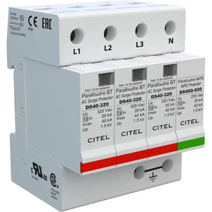 Citel DS440 AC surge protector module mounted on DIN rail with three DS40-320 cartridges for L1, L2, L3 phases and one DS40G-