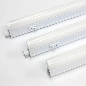 Three white LED under-cabinet tube lights displayed at angles, showing cylindrical design with integrated on-off switches.