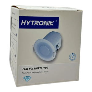 Hytronik HMW28/PRO flush mount presence motion sensor packaging box with product image and specifications visible.