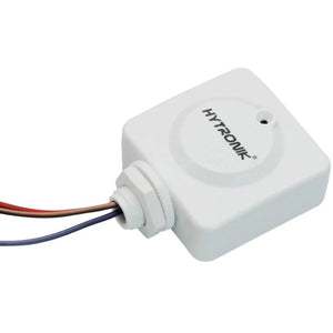 White square motion sensor with Hytronik branding, showing attached red, blue, and brown electrical wires exiting through cab