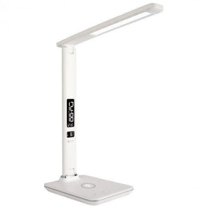 White LED desk lamp with wireless charging base and digital display showing time and temperature.