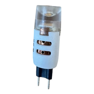 Light blue G4 LED bulb with metallic top cap and two metal pins, front view of product alone.