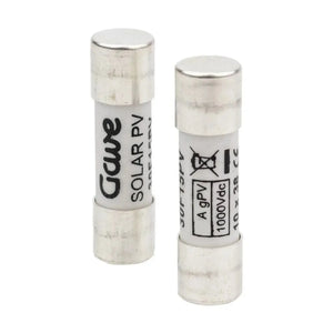 Two cylindrical solar PV fuses with silver end caps, left fuse labeled gPV SOLARPY, right fuse showing AgPV rating and 1000Vd