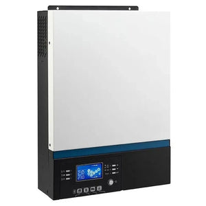 Conversol 24V off-grid solar inverter with white upper panel, black lower control section, blue accent band, and blue LCD dis
