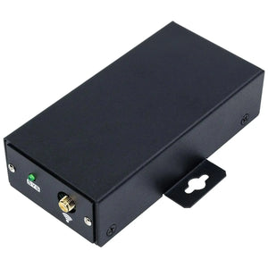 Black rectangular Wi-Fi monitoring box with green LED indicator, gold antenna connector, and wall-mounted bracket, shown at a
