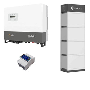 Solis hybrid inverter, Pylontech battery stack, and monitoring device for 10kW solar system.