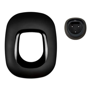 Black rounded rectangular front panel and circular mounting plate for EV charging station, shown against white background.
