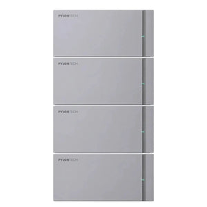 Four stacked Pylontech lithium battery modules with gray casing and side indicators, displayed against white background.
