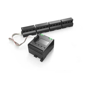 Four black modular current sensors connected to a central control unit with display screen and terminal connections, product