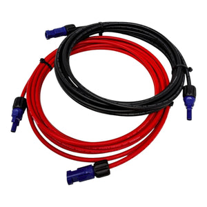 Two coiled solar PV extension cables with blue Amphenol connectors, one red and one black, displayed against white background