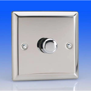 Chrome dimmer switch with rotary dial on blue background, product alone
