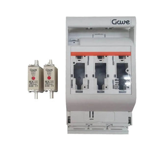 Gave brand DC disconnector panel with three poles and two separate 80A fuses displayed beside it.