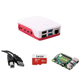 Raspberry Pi 4 kit with red and white case, USB cable, 32GB microSD card, and circuit board with 2GB RAM displayed together.