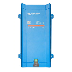 Blue Victron Energy Multi 24/500/10 inverter charger with mounting brackets and status indicator lights at bottom.
