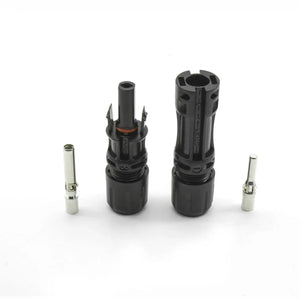 Four solar connector components displayed: two small metal pins on ends, two larger black plastic housings with prong termina