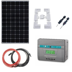 Solar panel kit components displayed: 430W monocrystalline panel, white mounting brackets, MC4 connectors, red and black cabl