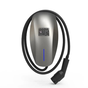 Silver and black wall-mounted EV charger with coiled cable, blue status indicator, and specification label displaying 7.6kW o