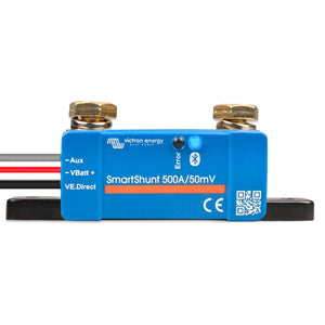Victron Energy SmartShunt 500A/50mV battery monitor with brass terminals, blue housing, and attached wiring cables.