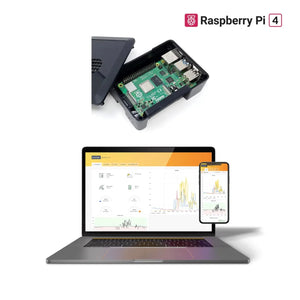 Raspberry Pi 4 board in black case above laptop and phone displaying Solar Assistant monitoring dashboard with energy graphs