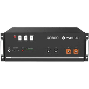 Pylontech US5000 battery unit, front view showing power controls, status indicators, and orange terminal connectors.