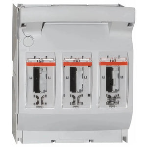 Three-phase fuse switch disconnector with red operating handles and black fuse cartridges mounted in white enclosure.