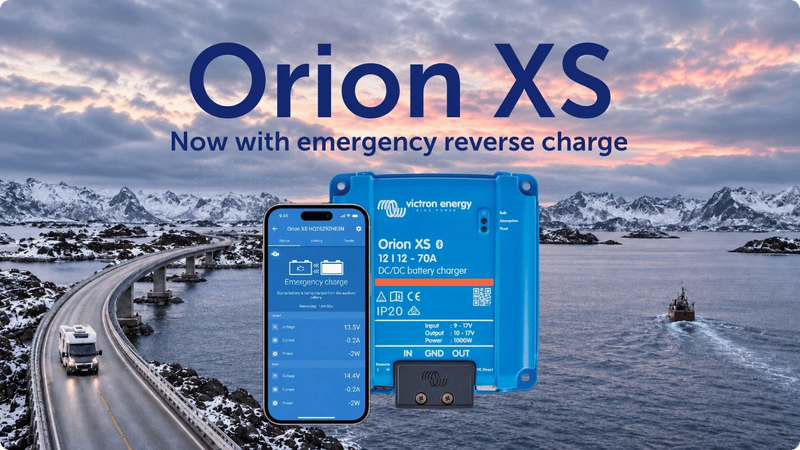 Victron Orion XS 12/12-70A with the VictronConnect app showing an emergency reverse charge