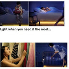 LED strip light kit with motion sensor shown in four usage scenarios: child playing, person sleeping, clothes selection, and 