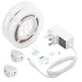 LED strip light kit with motion sensors, power adapter, adhesive tape, connectors, and installation hardware laid out flat on