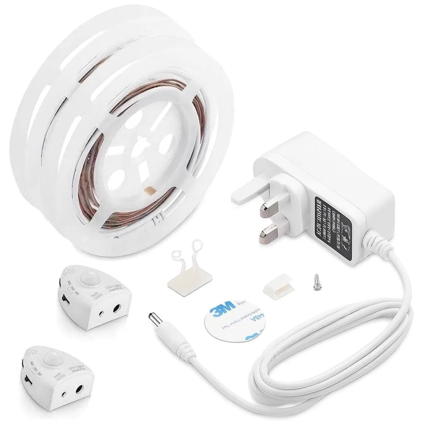 LED strip light kit with motion sensors, power adapter, adhesive tape, connectors, and installation hardware laid out flat on
