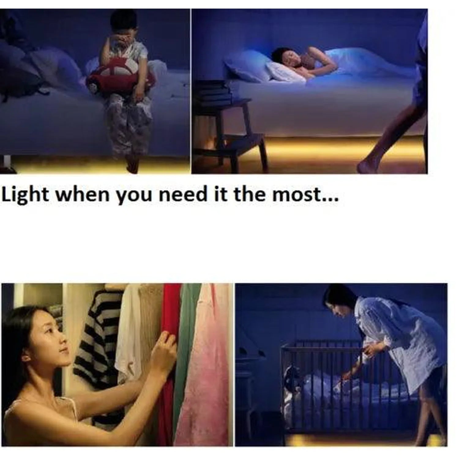 LED strip light with motion sensor in various home settings: under bed, in closet, and near crib, emitting warm white glow.