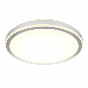 Round silver LED ceiling light fixture with white diffuser and integrated LED ring, shown against white background.