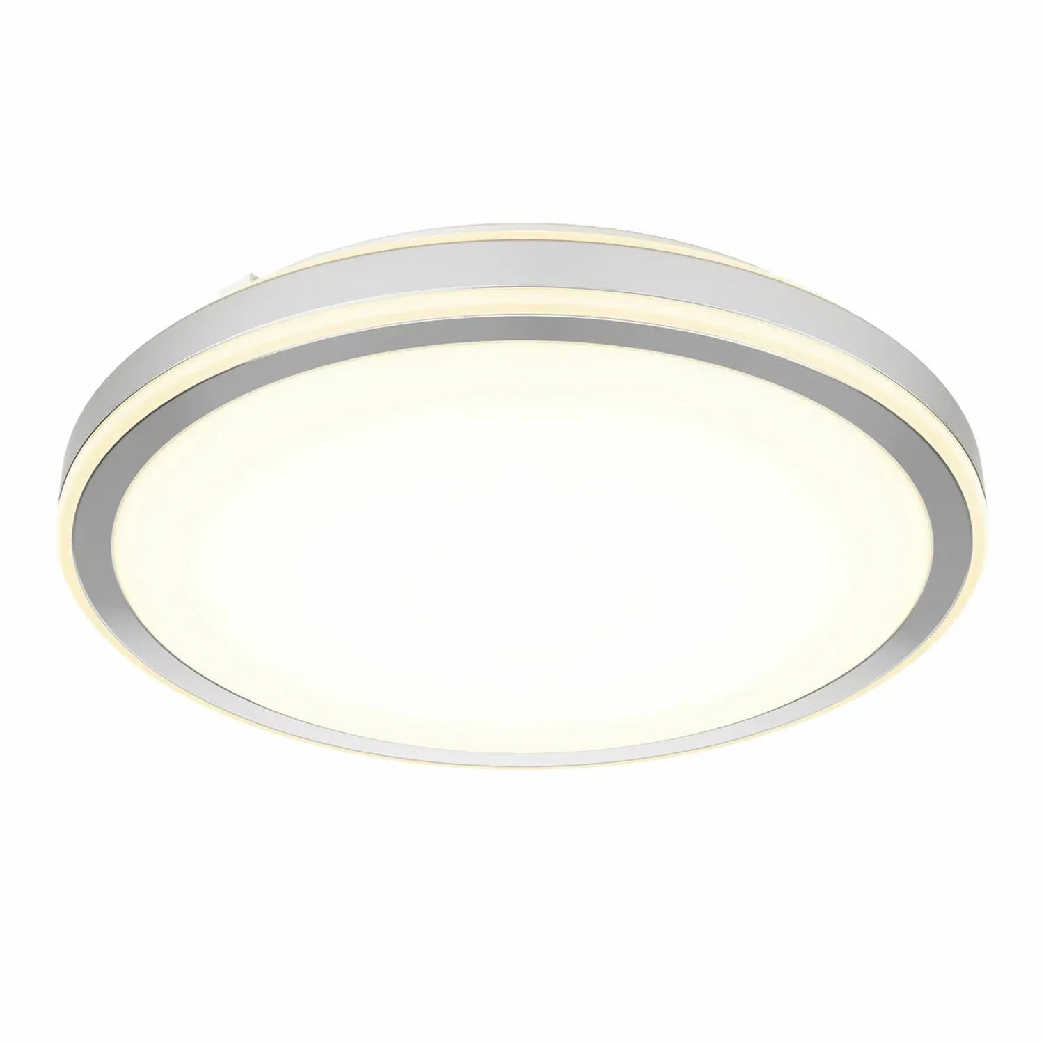 Round silver LED ceiling light fixture with white diffuser and integrated LED ring, shown against white background.