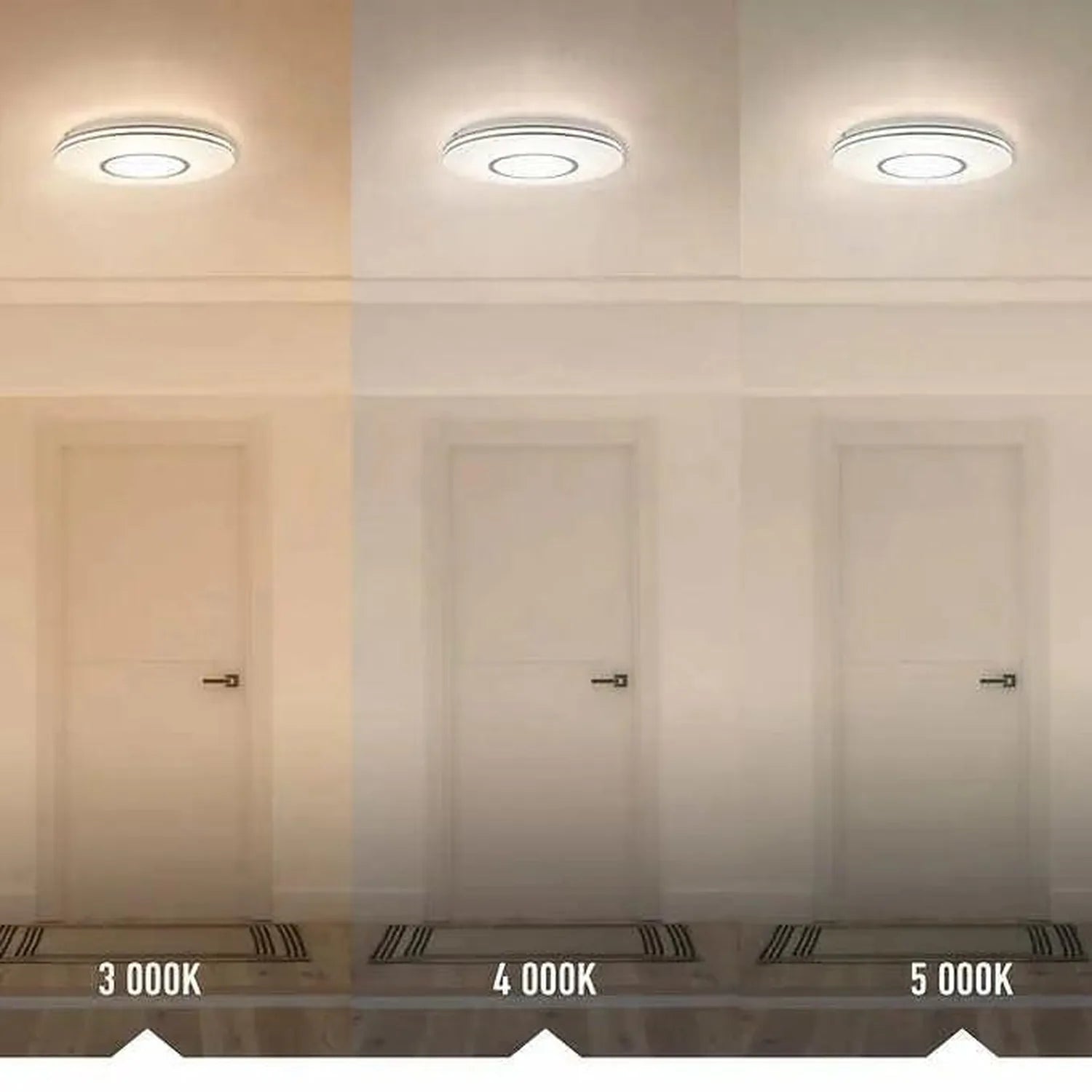 Comparison of three dimmable ceiling light fixtures showing warm 3000K, neutral 4000K, and cool 5000K color temperatures in a