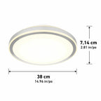 Dimension diagram of round LED ceiling light showing 38 cm width and 7.14 cm height with gray metal rim and white diffuser.