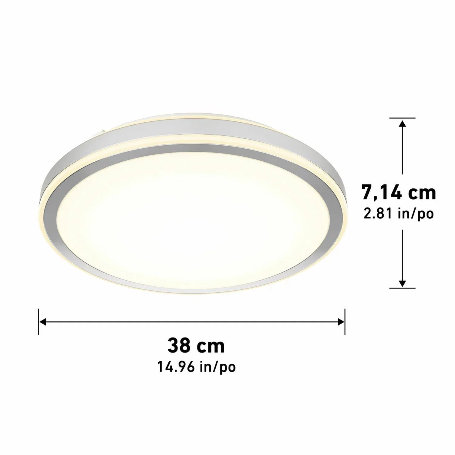 Dimension diagram of round LED ceiling light showing 38 cm width and 7.14 cm height with gray metal rim and white diffuser.
