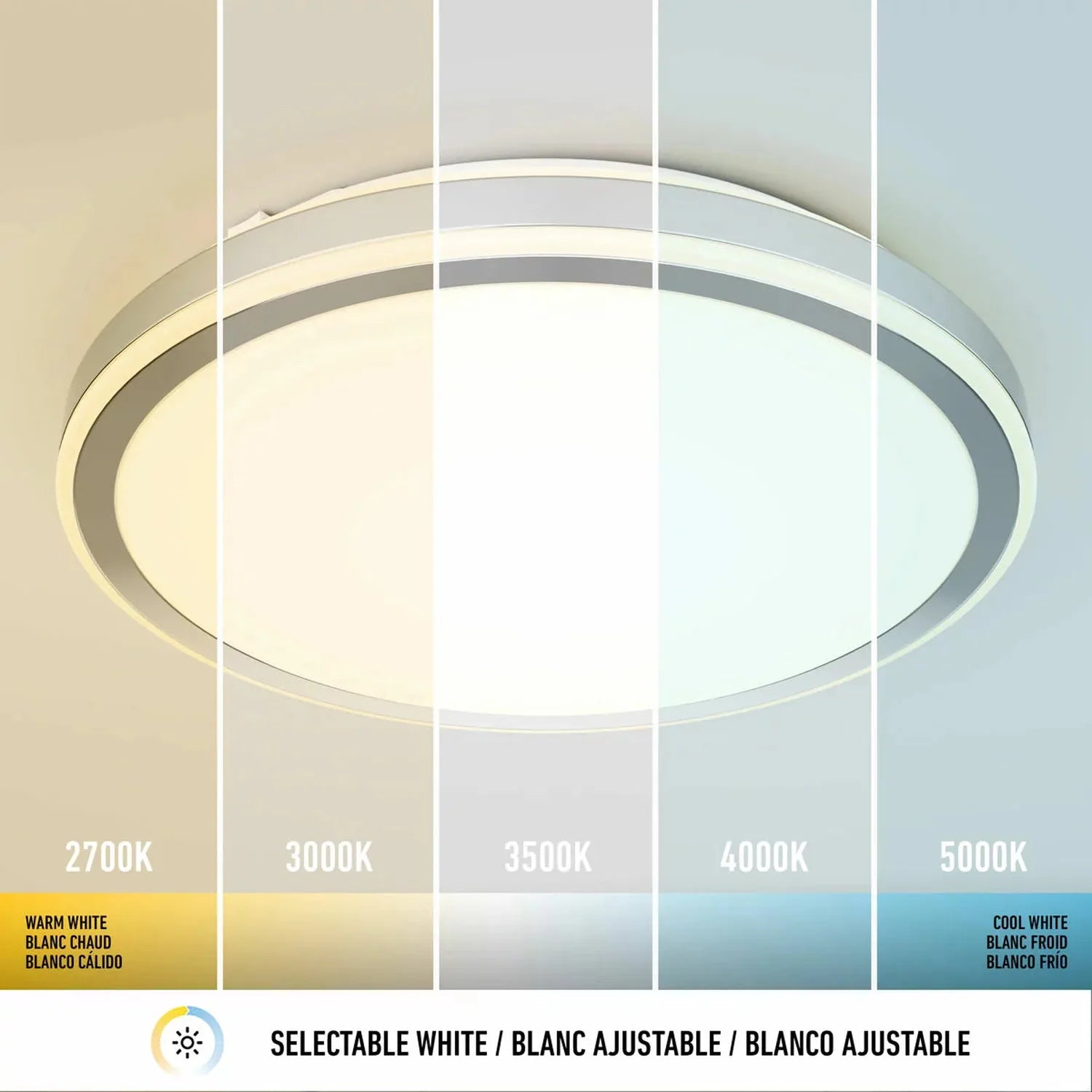 Selectable white LED ceiling light fixture shown in color temperature chart ranging from 2700K warm white to 5000K cool white