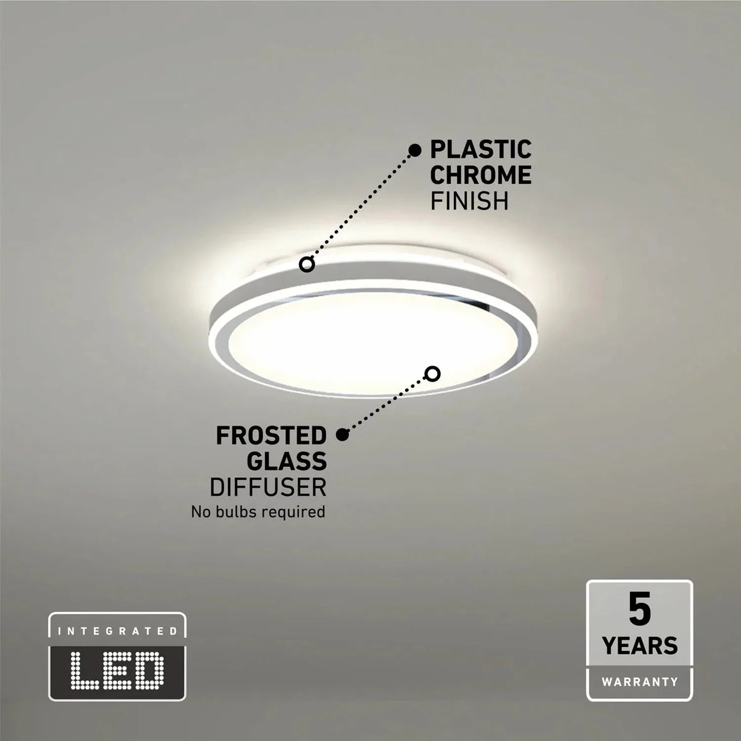 Artika Altitude LED ceiling light fixture with plastic chrome trim and frosted glass diffuser, labeled with integrated LED an