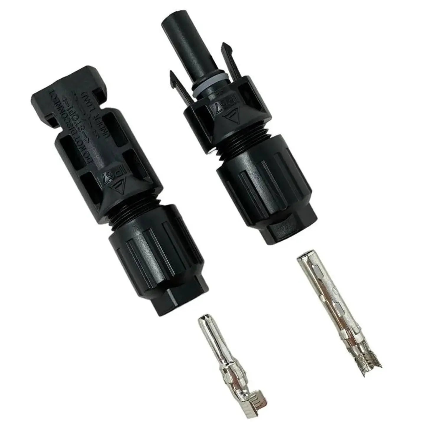 Two black MC4 solar connector pairs with metal contact pins displayed against white background.
