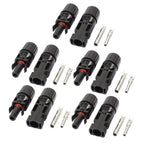 Five pairs of black MC4 solar connectors with red and silver contact pins displayed on white background.