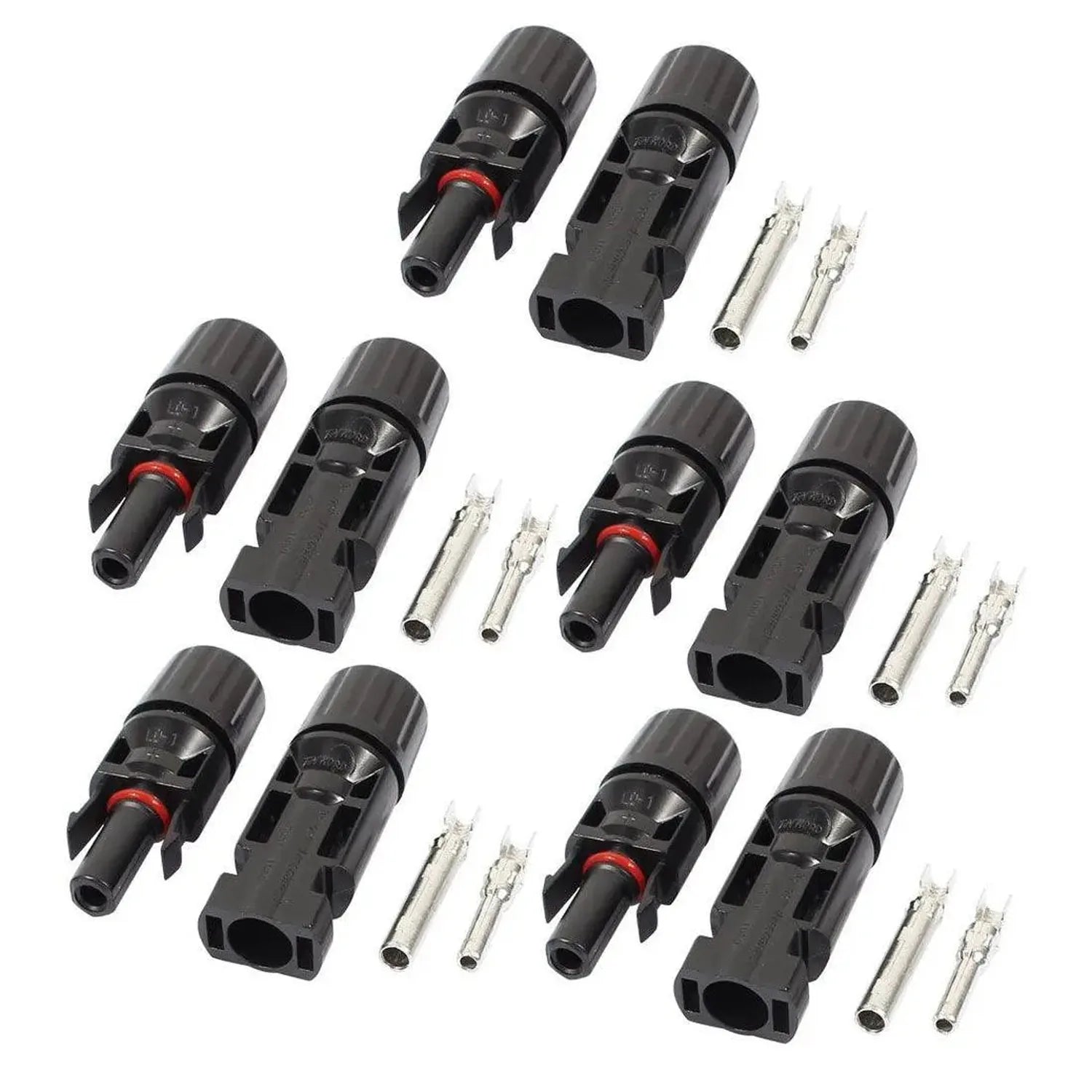 Five pairs of black MC4 solar connectors with red and silver contact pins displayed on white background.