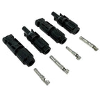 MC4-compatible solar connector components displayed, including four black connector housings and four silver contact pins on 