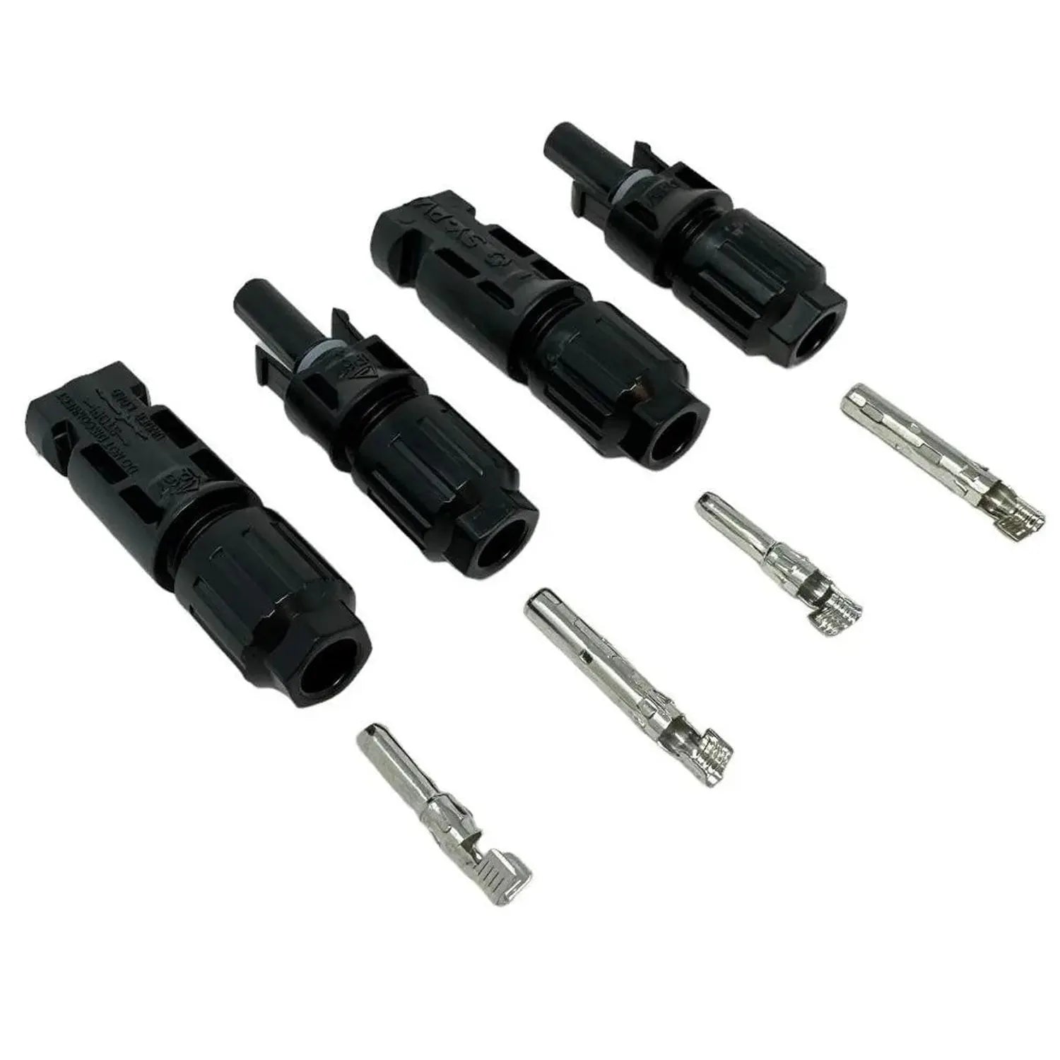 MC4-compatible solar connector components displayed, including four black connector housings and four silver contact pins on 