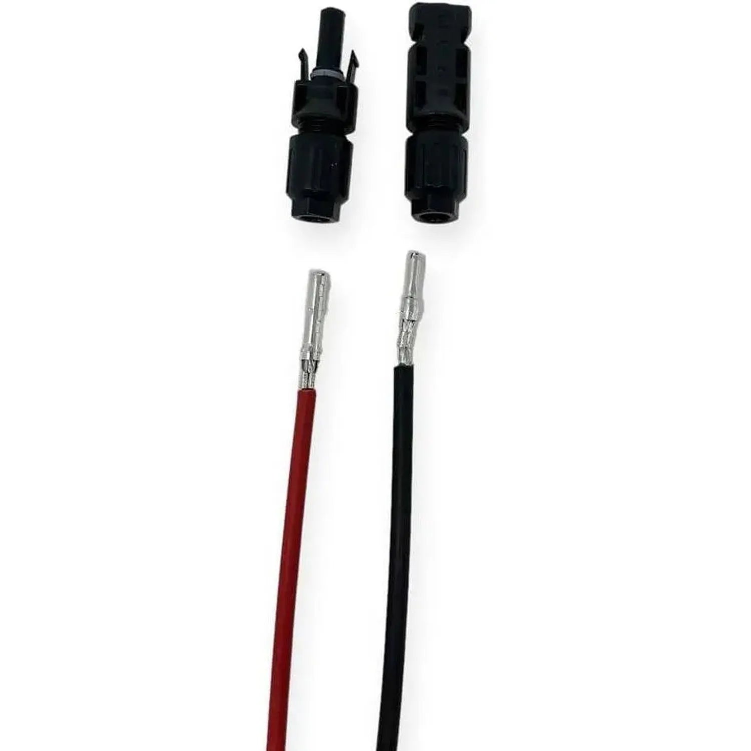 MC4 solar connector pair showing black male and female housing units with metal pins and red and black insulated wire leads.
