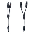 Two black solar panel Y branch splitter connectors with dual MC4 ports, shown front and back views against white background.