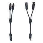 Two black solar panel Y branch splitter connectors with dual MC4 ports, shown front and back views against white background.