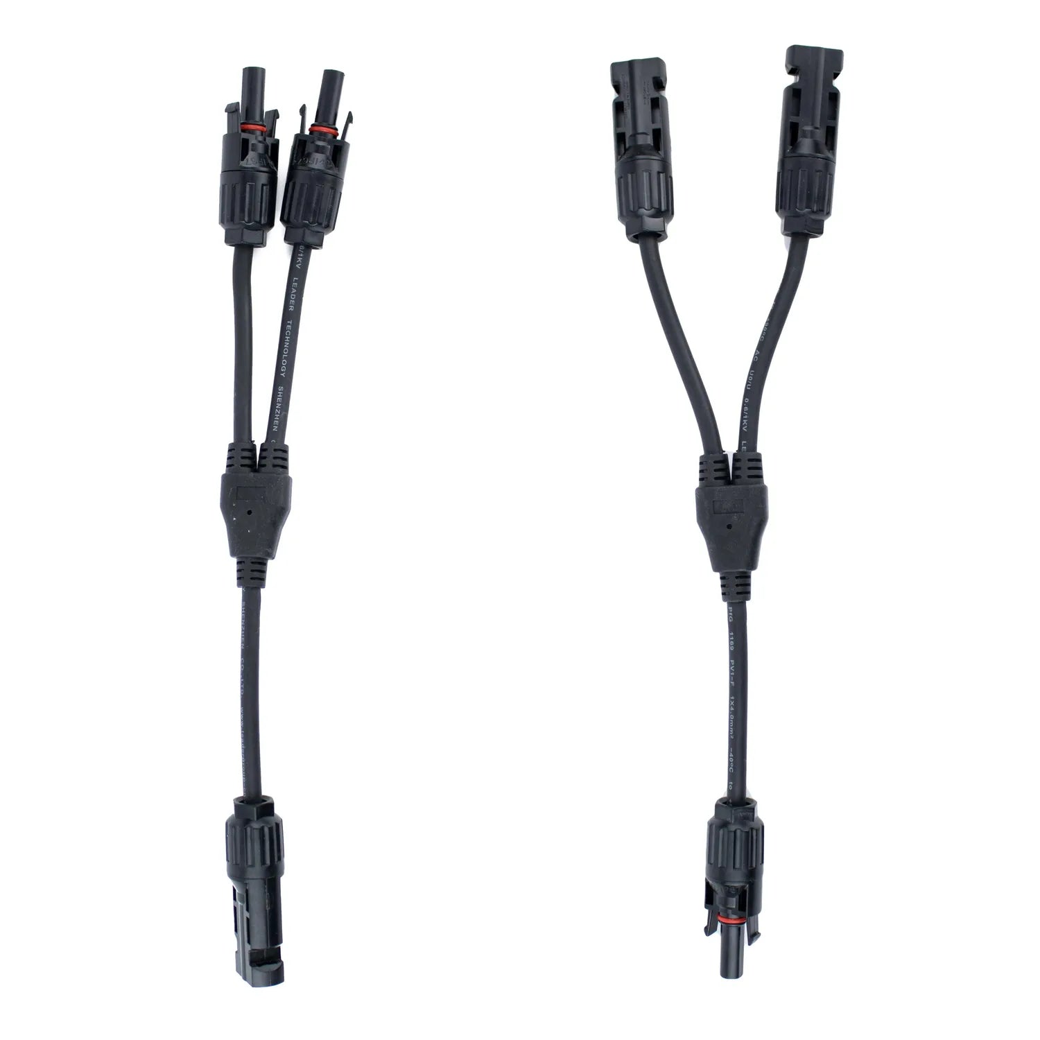 Two black solar panel Y branch splitter connectors with dual MC4 ports, shown front and back views against white background.