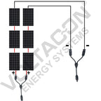 Six solar panels arranged in three rows connected with red and black cables to Y-shaped connector splitters below.